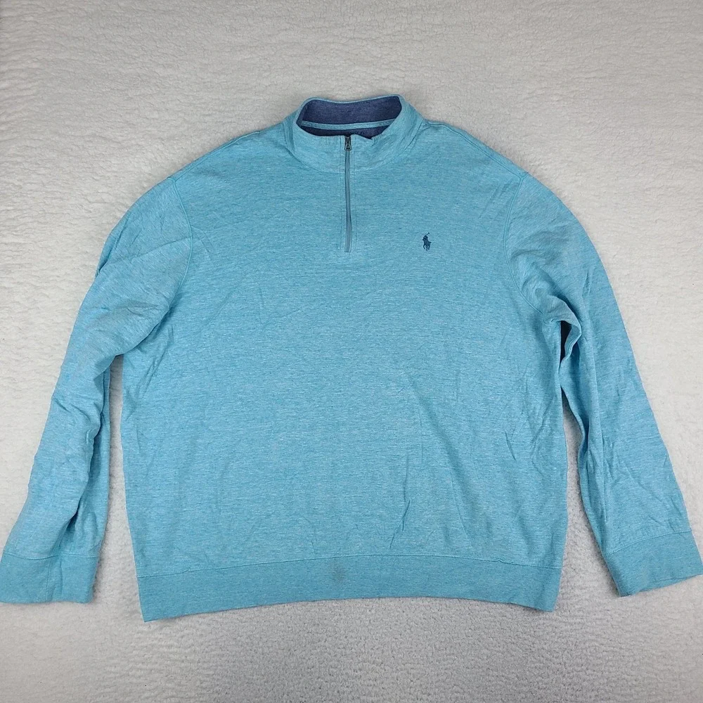 Polo Ralph Lauren Sweater Mens 2XL XXL Light Blue Quarter Zip Sweatshirt *